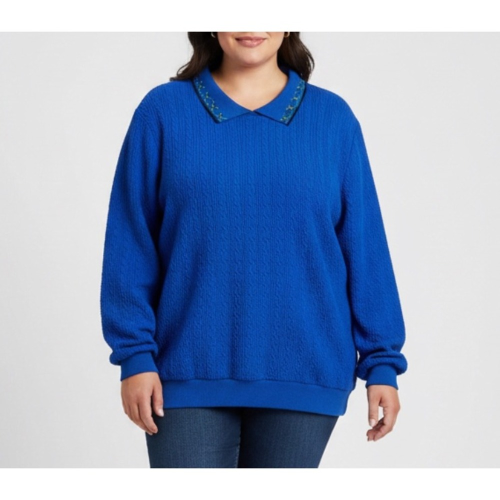 VTG CAPE COD Royal Blue CABLE KNIT Banded Hem ARGYLE TRIM Sweater Top Sz 20W